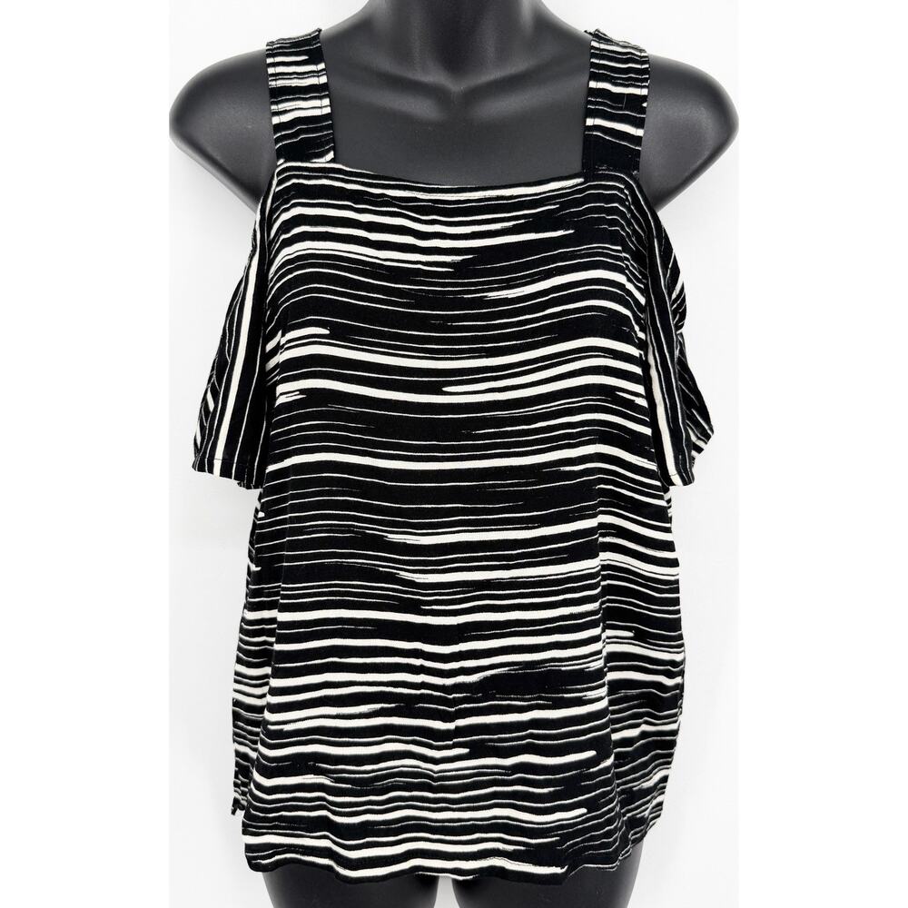 Ava Sky Fighting Eel Womens Small Black White Striped Cold Shoulder Blouse Top